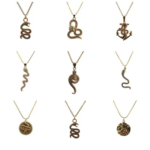 Luxury Gold Plated Copper Snake Pendant Necklace For Women Micro Inlaid Colorful Zirconia Anchor Animal Clavicle Link Box Chain Jewelry Gift