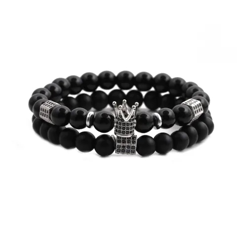 Pulsera de Cuentas Negras para Hombre Dije de Corona Piedra Natural Circonita Aleación de Cobre Espaciadores Geométricos Elástica Joyería