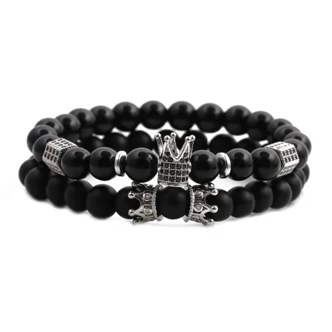 Pulsera de Cuentas Negras para Hombre Dije de Corona Piedra Natural Circonita Aleación de Cobre Espaciadores Geométricos Elástica Joyería