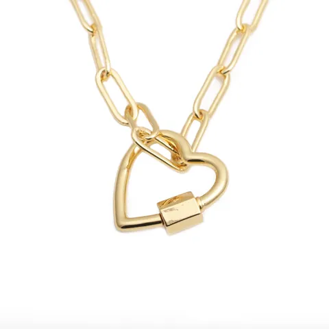 Hip Hop Gold Plated Copper Paperclip Chain Necklace With Heart Carabiner Lock Pendant Jewelry Gift For Women Men