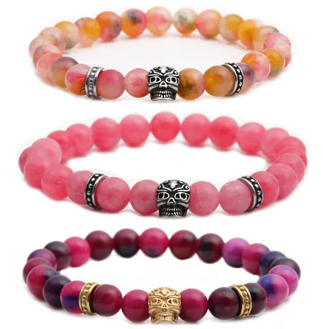 Stainless Steel Skull Agate Stone Beaded Bracelet Gothic Punk Natural Stone Stretch Bracelet For Women Men Jewelry Gift