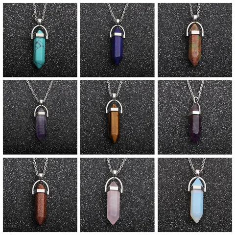 Hexagonal Prism Natural Stone Crystal Pendant Necklace Stainless Steel Box Chain Healing Point Jewelry For Women Men