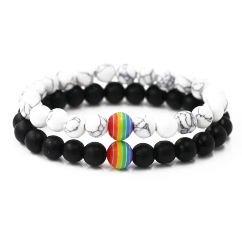 Naturstein Perlenarmband Mit Regenbogen Streifen Akzentperle Für Pride LGBTQ Unisex Elastisch Mode Schmuck Geschenk