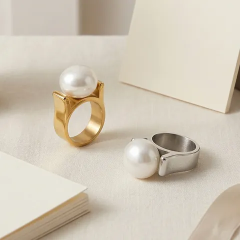 Anillo De Perla Artificial De Concha Acero Inoxidable Banda Gruesa Geométrica Joyería De Moda Exagerada Para Mujeres