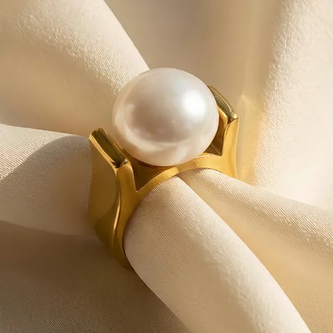 Anillo De Perla Artificial De Concha Acero Inoxidable Banda Gruesa Geométrica Joyería De Moda Exagerada Para Mujeres