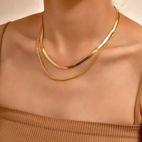 Double Layer Necklace 304 Stainless Steel 18K Gold Plated Snake And Twist Rope Chain Waterproof Hypoallergenic Jewelry