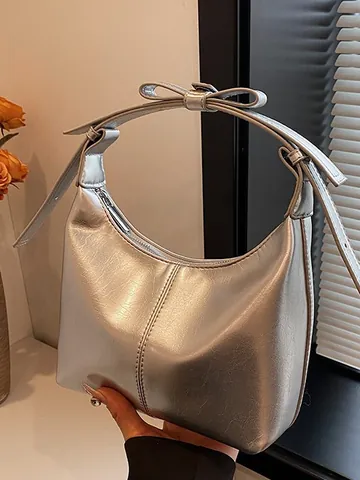 Minimalist Metallic PU Leather Butterfly Bow Hobo Bag For Women Trendy Underarm Shoulder Bag Solid Color Dumpling Shape Purse