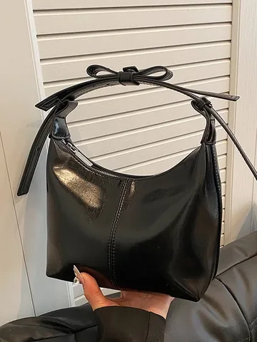 Minimalist Metallic PU Leather Butterfly Bow Hobo Bag For Women Trendy Underarm Shoulder Bag Solid Color Dumpling Shape Purse