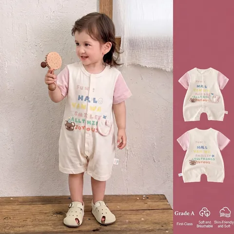 Sommer Säugling Kurzarm Baumwolle Strampler Cartoon Bär Buchstabe Druck Unisex Baby Jumpsuit Dünne Atmungsaktive Neugeborene Kleidung