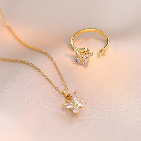 Rotating Butterfly Zirconia Jewelry Set For Women Stainless Steel Chain Necklace Open Adjustable Ring Elegant Fashion Jewelry Gift