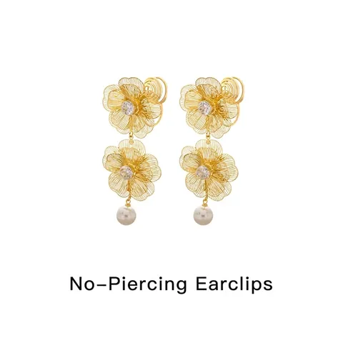 Vintage Elegante Koper Geweven Bloem Kunstparel Hangende Oorbellen Met Zirconia Ingelegd Lange Florale Oorbellen Voor Vrouwen Sieraden
