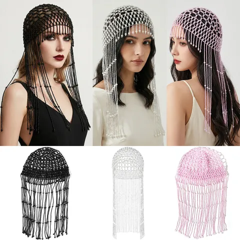 Catena per Capelli in Maglia di Perle Artificiali Fatta a Mano con Nappe Lunghe per Donna Copricapo Retrò Bohémien Sposa Matrimonio Festa Accessori