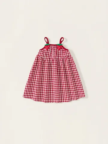 Meisjes Gingham Aardbei A-Lijn Jurk Zomer Katoen Mouwloos Zomerjurk Zoete Peuter Baby Kleding Rood Wit Geblokt
