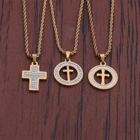 Hip Hop Stainless Steel Cross Pendant Necklace For Men Women Gold Silver Plated Zirconia Inlaid Rope Chain Religious Jewelry
