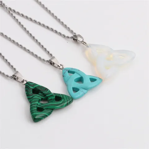 Celtic Triquetra Knot Pendant Necklace Stainless Steel Rope Chain Malachite Turquoise Opal Style Synthetic Stone Jewelry