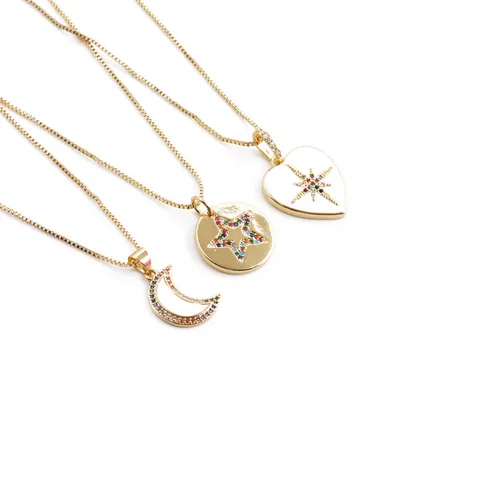 Collar de Cobre Chapado en Oro Con Colgante de Luna Estrella Corazón de Zirconia Multicolore Joyería de Moda Para Mujer