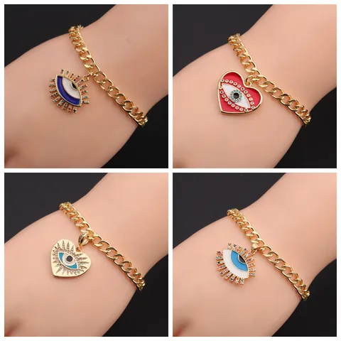Turkish Evil Eye Heart Bracelet Gold Plated Copper Micro Zirconia Bohemian Lucky Protection Charm Bracelet For Women Children Jewelry