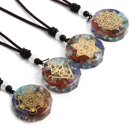 Collier Pendentif Énergie Orgonite Pierre Naturelle Résine Géométrie Sacrée Arbre de Vie Symbole Corde Tissée Bijoux Spirituels