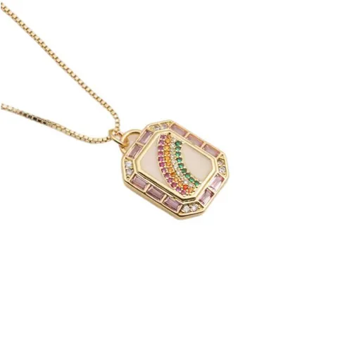 Geometric Copper Rainbow Cubic Zirconia Pendant Necklace Real Gold Plated Enamel Octagonal Colorful Stone Choker Fashion Jewelry For Women