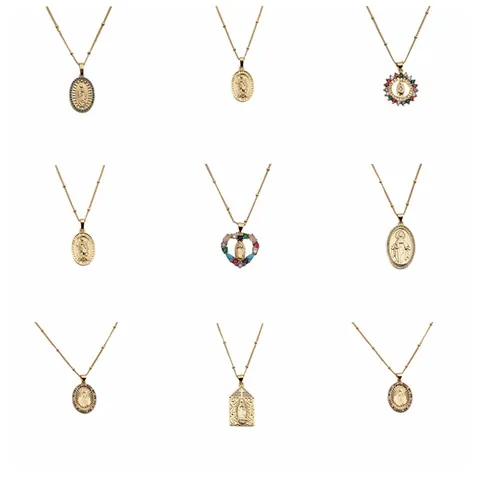 Collar de Pendiente de Virgen María de Cobre Chapado en Oro Zirconia Bohemio para Mujer Religioso Guadalupe Estilo Étnico Regalo