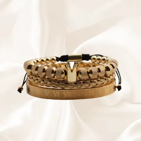 Men Vintage Crown Bracelet Set Stainless Steel Roman Numeral Cuff Bangle Braided Mesh Chain Beads Hip Hop Punk Jewelry Gift
