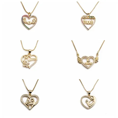 Copper Zirconia Heart Pendant Necklace For Women Gold Plated Mother And Child Mom Mama Letter Jewelry Mothers Day Gift