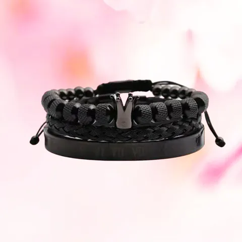 Men Vintage Crown Bracelet Set Stainless Steel Roman Numeral Cuff Bangle Braided Mesh Chain Beads Hip Hop Punk Jewelry Gift