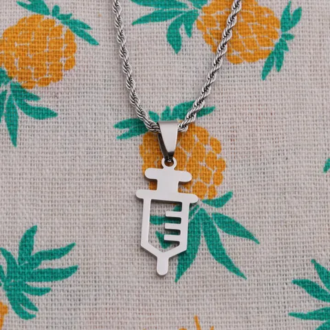 Stainless Steel Syringe Pendant Necklace For Men Women Hip Hop Medical Style Rope Chain Jewelry Silver Necklace