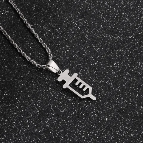 Stainless Steel Syringe Pendant Necklace For Men Women Hip Hop Medical Style Rope Chain Jewelry Silver Necklace