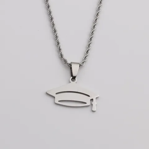 Stainless Steel Graduation Cap Pendant Necklace For Graduates Polished Silver Doctoral Hat Rope Chain Commemorative Jewelry Gift