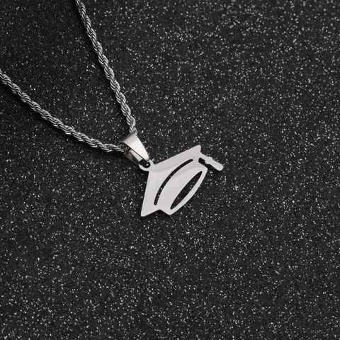 Stainless Steel Graduation Cap Pendant Necklace For Graduates Polished Silver Doctoral Hat Rope Chain Commemorative Jewelry Gift