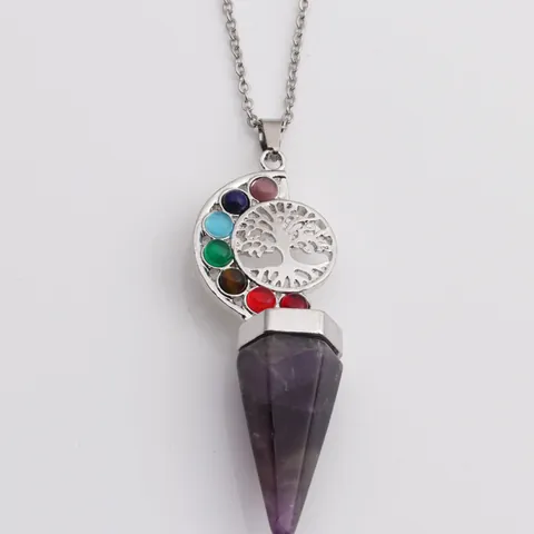 Vintage Lebensbaum Anhänger Halskette Mit Naturstein Kristallsäule Edelstahlkette Für Damen Herren Schmuck Geschenk