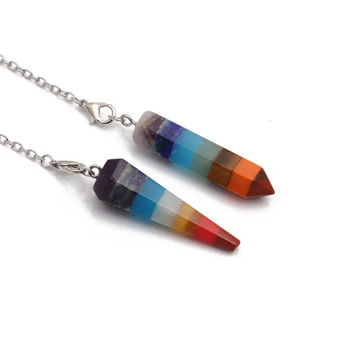 Seven Chakra Natural Stone Hexagonal Column Pendant Necklace Stainless Steel Chain Multicolored Crystal Healing Reiki Yoga Jewelry For Women Men