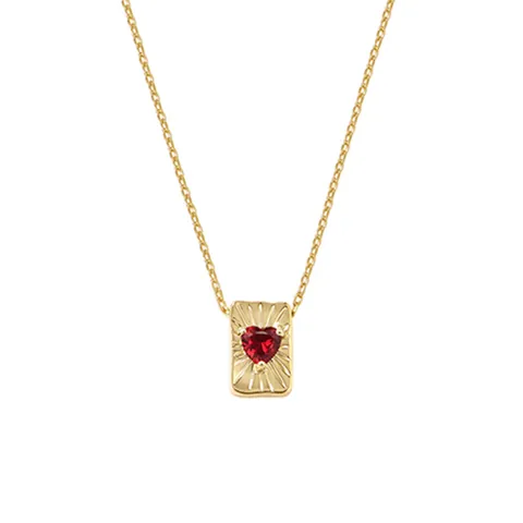 Vintage Gold Plated Copper Square Plate Heart Pendant Necklace Red Synthetic Zirconia Ruby Elegant Jewelry For Women Daily Dating Gift