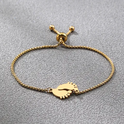 Stainless Steel Baby Footprint Pendant Adjustable Bracelet For Women Men Gold Plated Box Chain Minimalist Memorial Jewelry