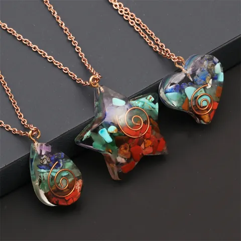 Vintage Orgonite Pendant Necklace Multicolored Crushed Natural Stone Resin Heart Star Teardrop Stainless Steel Chain Healing Jewelry Women Men