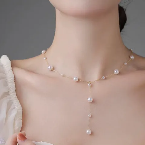 French Vintage Pearl Pendant Necklace Gold Plated Copper Y-Shaped Lariat Necklace Elegant Gypsy Style Jewelry For Women