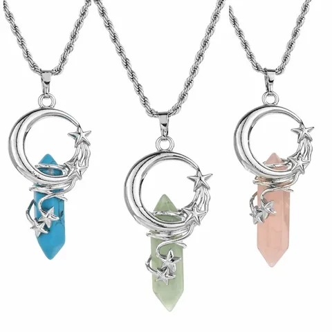 Natural Stone Hexagonal Column Pendant Necklace Moon Star Copper Wrap Stainless Steel Chain Fashion Jewelry Women