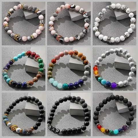 Pulsera de Cuentas de Piedra Natural para Hombre Mujer Con Corona de Aleación Cabeza de León Cuentas de Letras DAD Elástica