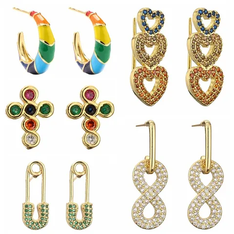 Gold Plated Copper Cross Snake Heart Infinity Virgin Mary Safety Pin Rainbow Enamel Zirconia Earrings Jewelry For Women