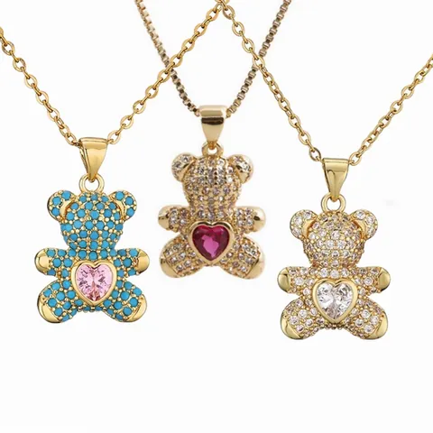 Copper Colorful Zircon Heart Teddy Bear Pendant Necklace Fashion Cute Jewelry Sweater Chain Accessory For Women