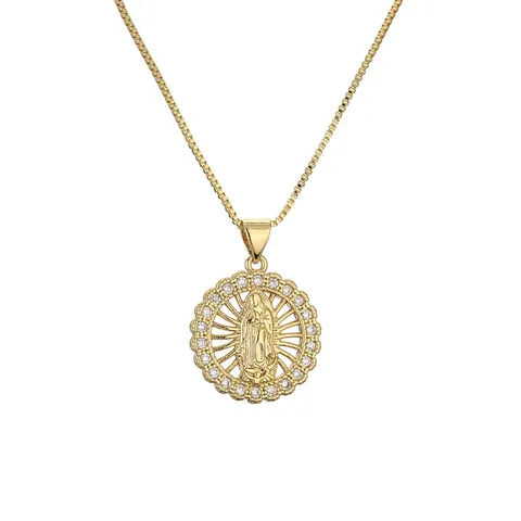 Collar con Colgante Religioso de la Virgen María Chapado en Oro Cobre Circonia Colorida Joyería Religiosa para Mujer Hombre Cadena de Caja