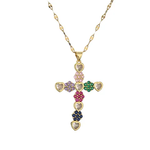 Collana con Pendente a Croce in Zirconia Colorata in Rame Placcato Oro Vintage per Donna Gioielli Cristiani Religiosi Geometrici Retro Regalo