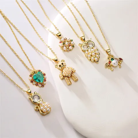 Süße Vergoldete Kupfer Tieranhänger Halskette Für Damen Niedliche Katze Eule Bär Biene Herz Zirkonia Künstliche Perle Schmuck Geschenk