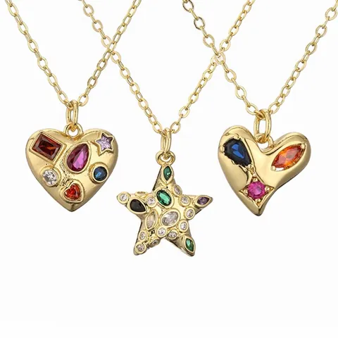 Elegant Heart Star Hamsa Hand Pendant Necklace Copper Micro Pave Colorful Zircon Clavicle Chain Jewelry For Women