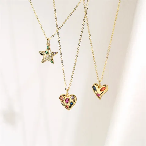 Elegant Heart Star Hamsa Hand Pendant Necklace Copper Micro Pave Colorful Zircon Clavicle Chain Jewelry For Women