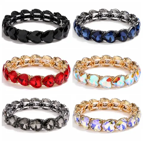 Heart Shaped Elastic Bracelet Alloy Glass Rhinestone Sparkling Trendy Chic Wristband Jewelry Accessory Gift For Women