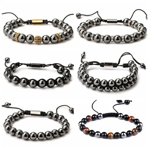 Handmade Beaded Bracelet Natural Tiger Eye Hematite Stone Adjustable Woven Rope Jewelry Gift Unisex