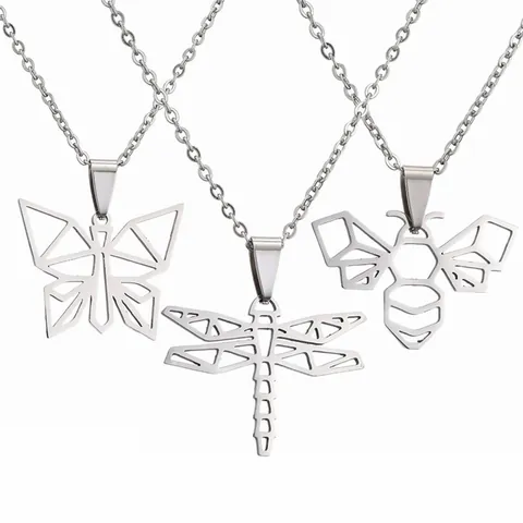 Hollow Origami Animal Pendant Necklace Stainless Steel Geometric Bee Butterfly Dragonfly Hummingbird Charm Fashion Jewelry