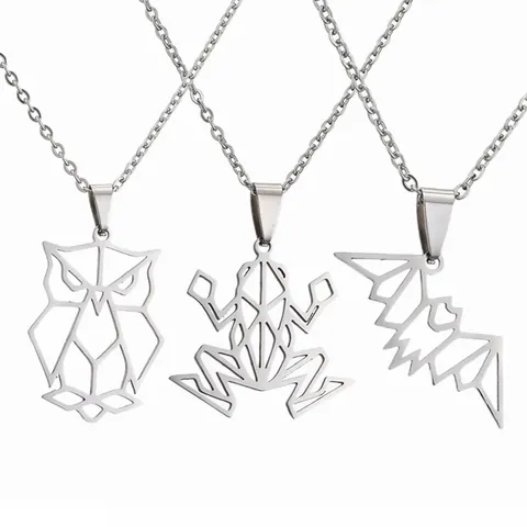 Geometric Animal Pendant Necklace Stainless Steel Hollow Origami Owl Frog Bat Hummingbird Minimalist Jewelry For Men Women